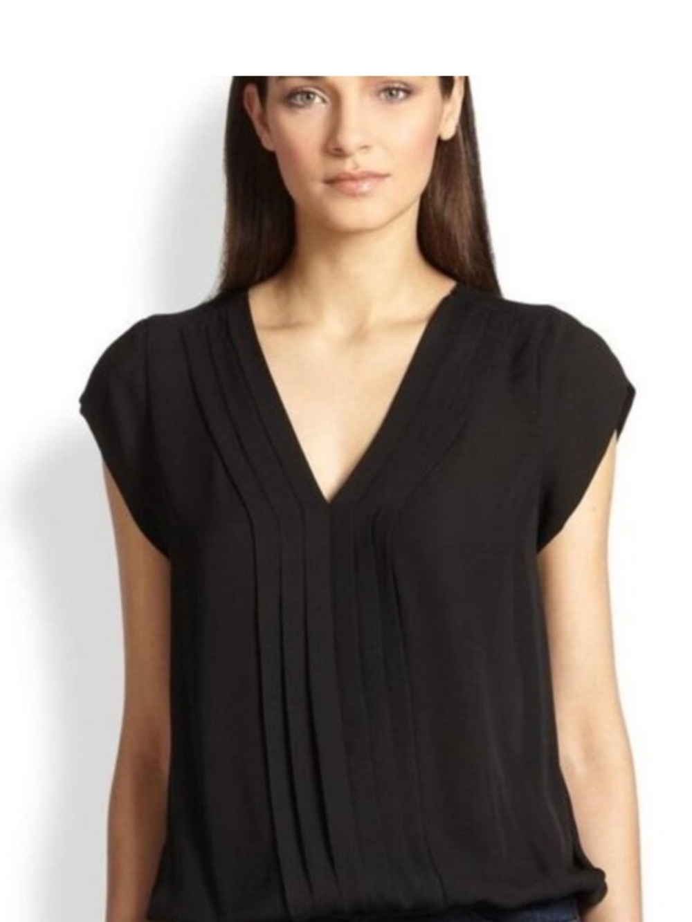 Joie 100% Silk Black V-Neck Pleated Cap Sleeve Top
